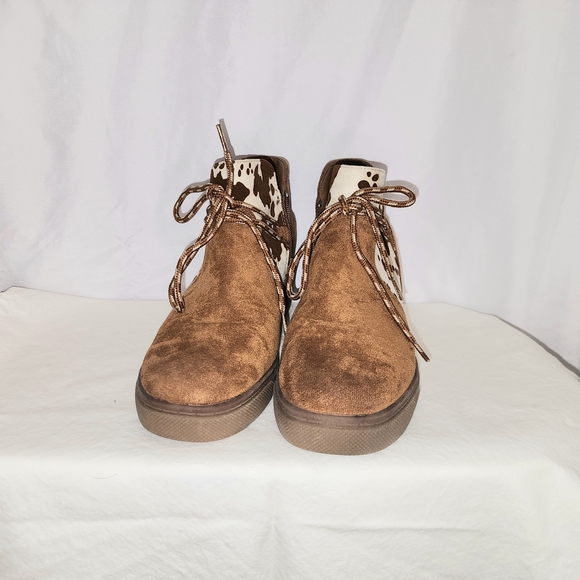 Western Faux Suede Brown and Cream Ankle Boots with Cow Print - Picture 8 of 11